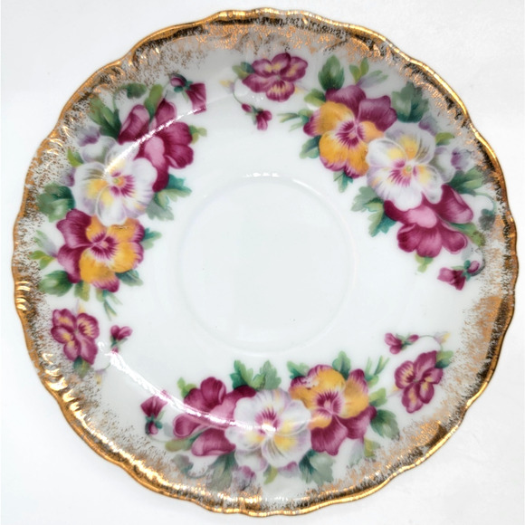 Vintage Pansy Teacup & Saucer Gold Trim Scalloped Bone China Floral 1950s - Picture 7 of 9